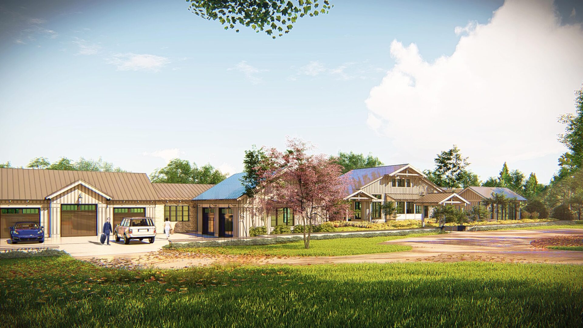 A modern residence with cars in the driveway, surrounded by trees and a green lawn, two people nearby under a clear sky.