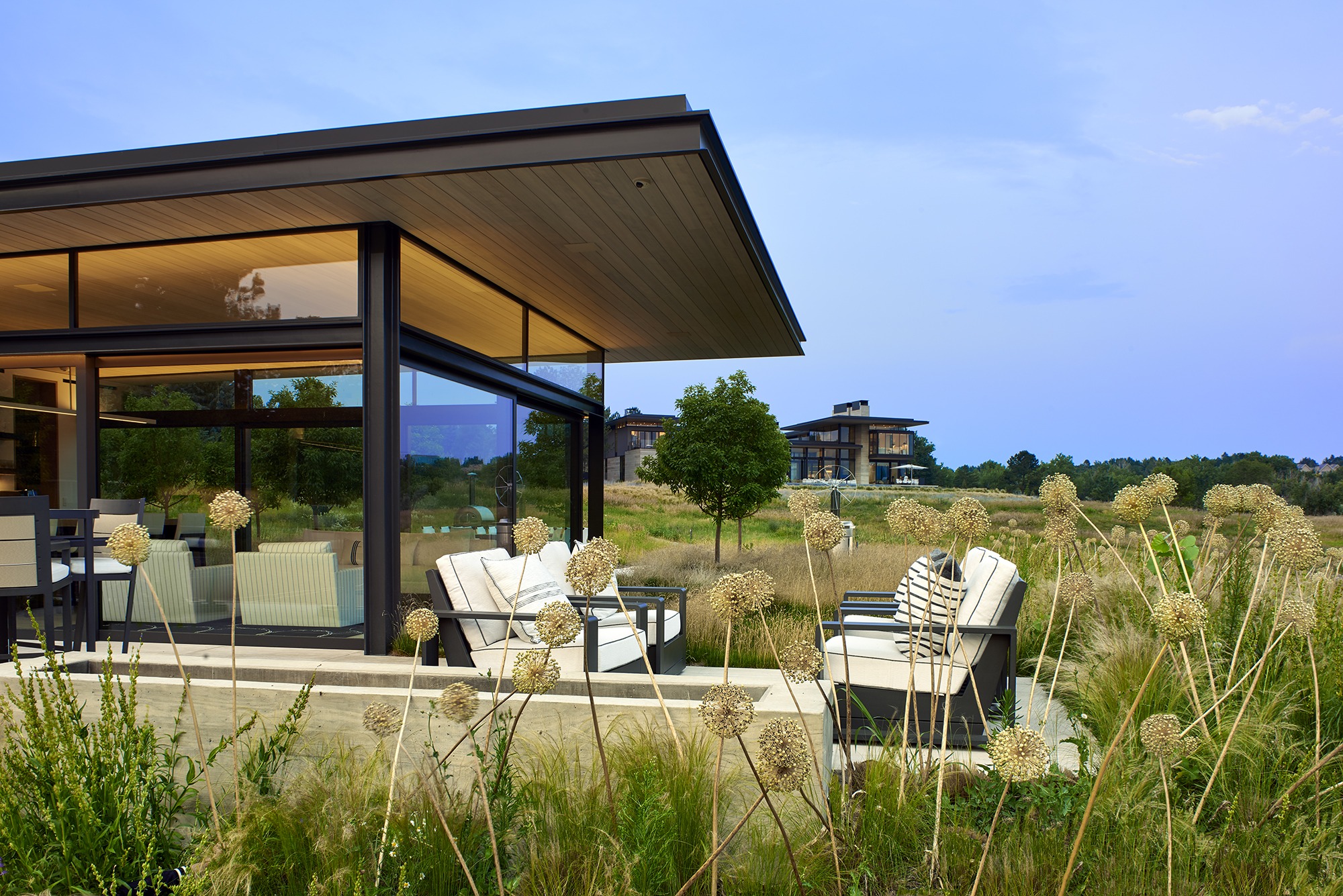 Modern glass house with outdoor seating amidst grassy landscape, under clear blue sky, surrounded by wild plants and distant contemporary architecture.