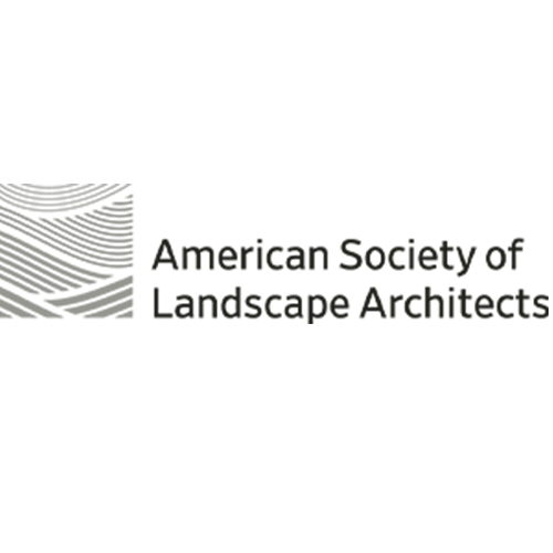 Logo of the American Society of Landscape Architects featuring abstract curved lines and text in black on a white background.