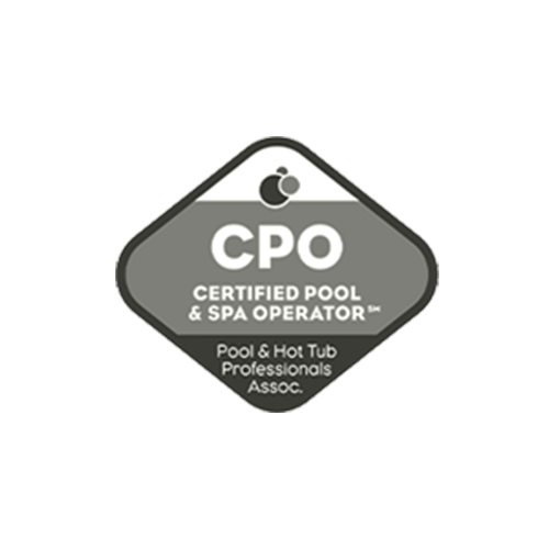 CPO logo for Certified Pool & Spa Operator, featuring Pool & Hot Tub Professionals Association, displayed in a black and gray diamond-shaped design.