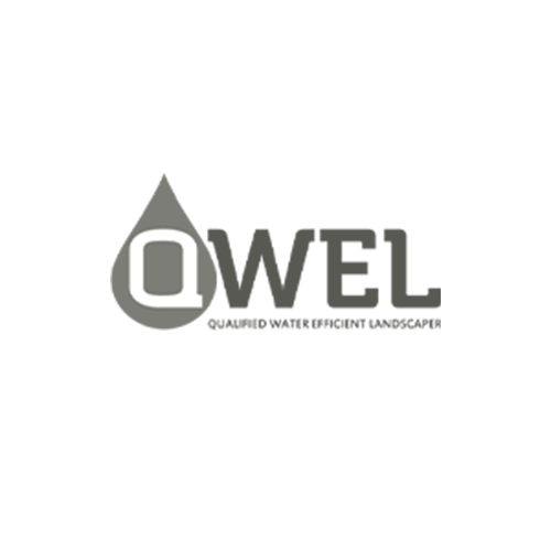 The image displays a QWEL logo featuring a water droplet design, with text "Qualified Water Efficient Landscaper" beneath it.