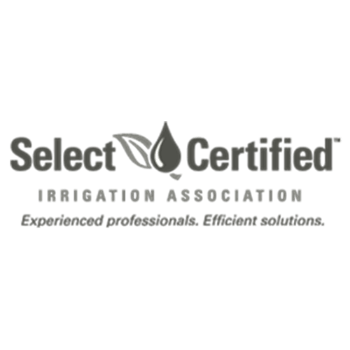 Logo for Select Certified by the Irrigation Association, featuring a water drop and leaf. Text reads: "Experienced professionals. Efficient solutions."